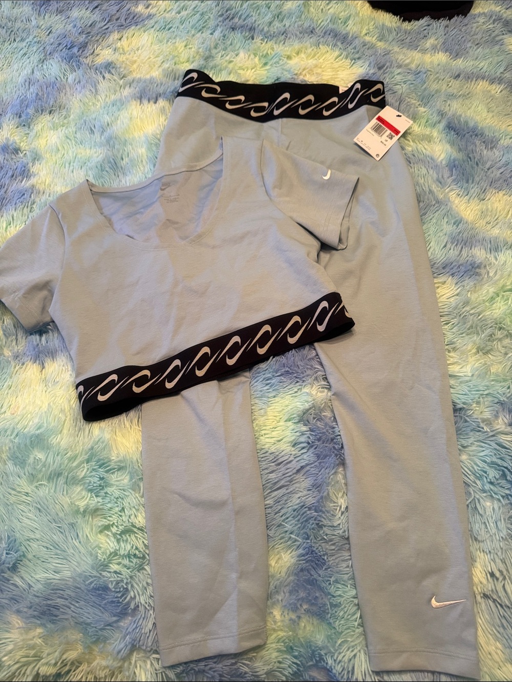 Nike Light Blue Crop Top and Leggings Set with Black Trim